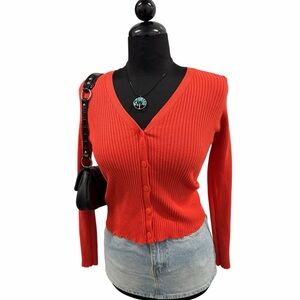 MNG Red Ribbed Button Front Cardigan Top Size S